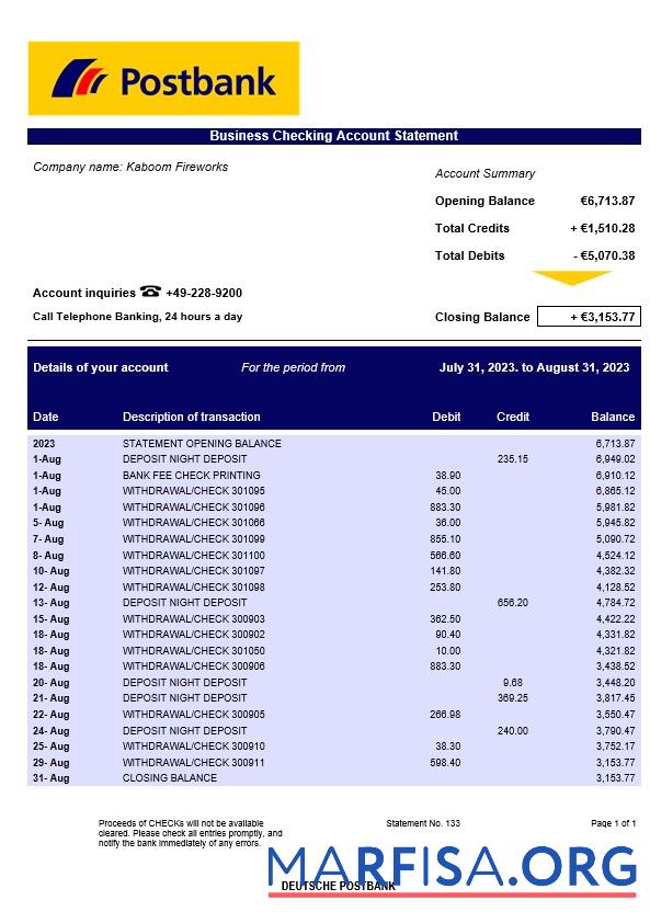 Printable Deutsche Postbank corporate checking account statement Word and PDF template